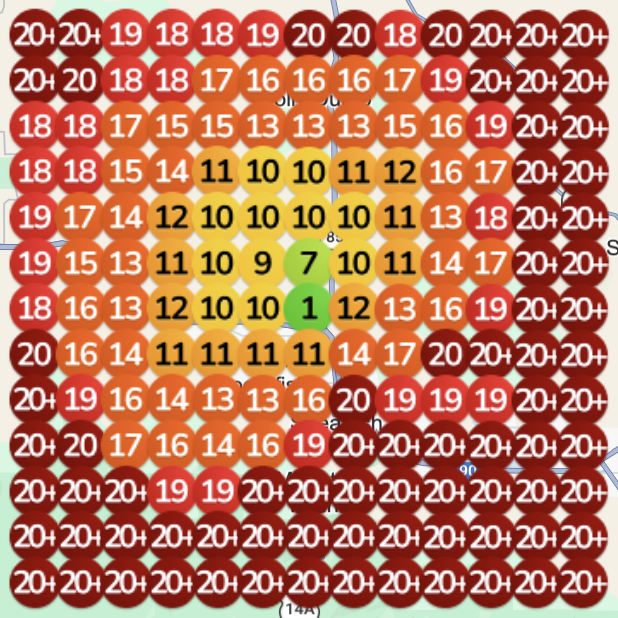 Local rank grid before the new website: most of the map shows 20+ in dark red, with a single green rank 1 at the center