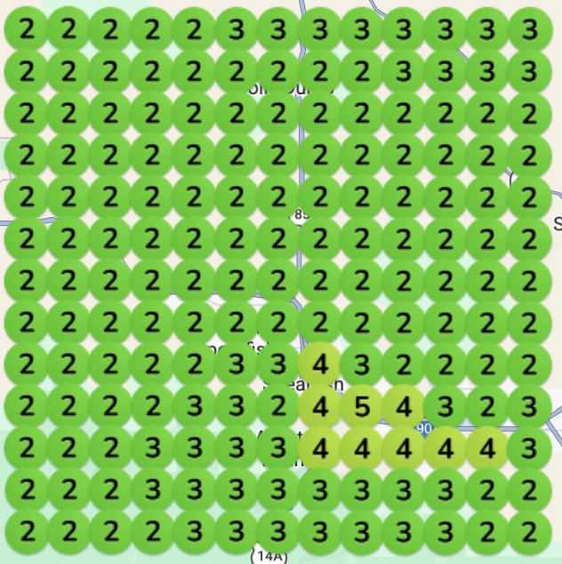 Local rank grid ten days after the new website: almost every point on the map is green, with ranks 2 and 3