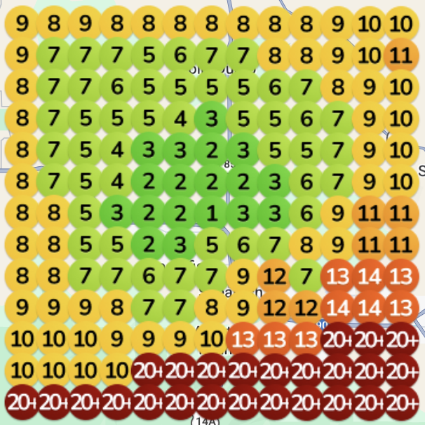 Local rank grid five days after the new website: a green core of ranks 1 to 3 at the center with an amber ring around it